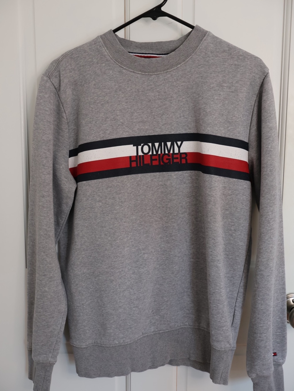 Tommy Hilfiger Gray Crewneck with Navy White and Red Stripes